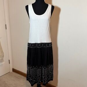 White Tank Top Black Embroidered Skirt Midi Dress. BCBG